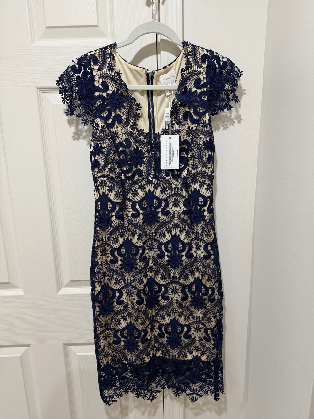Nordstrom Foxiedox Navy Blue Lace Midi Dress with Nude Underlay
